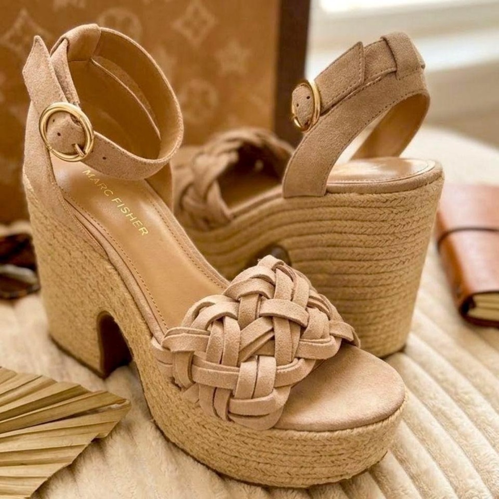 NEW Marc Fisher Odilia Espadrille Platform Wedges/ sandals in beige suede - Picture 2 of 4